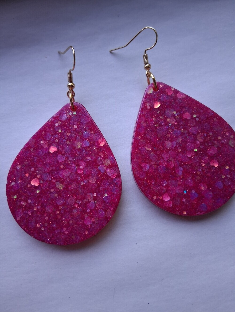 Hand Crafted Hot Pink Glitter Teardrop Dangle Earrings